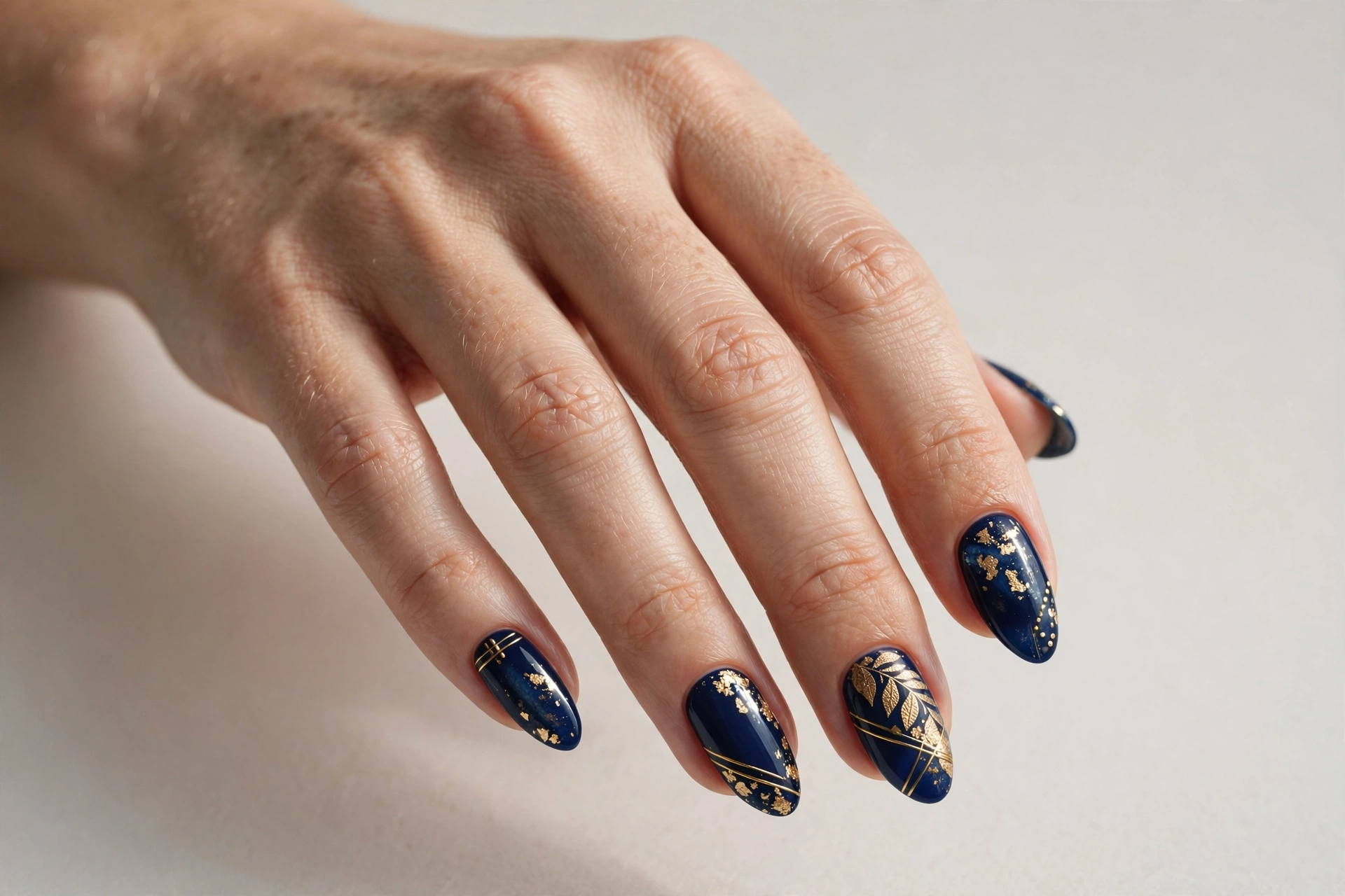 Close-up of navy blue and gold nail art