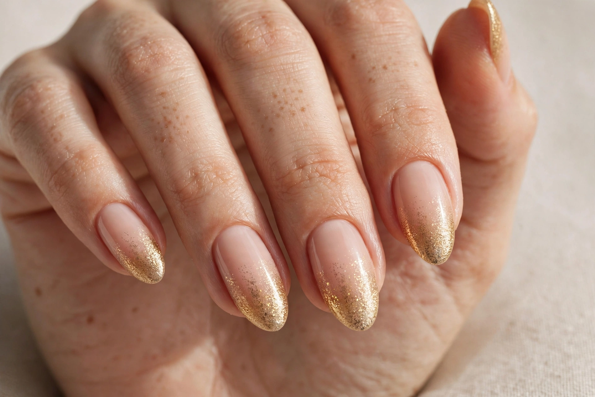 Close-up of nude nails with gold dust ombre fading to the tips
