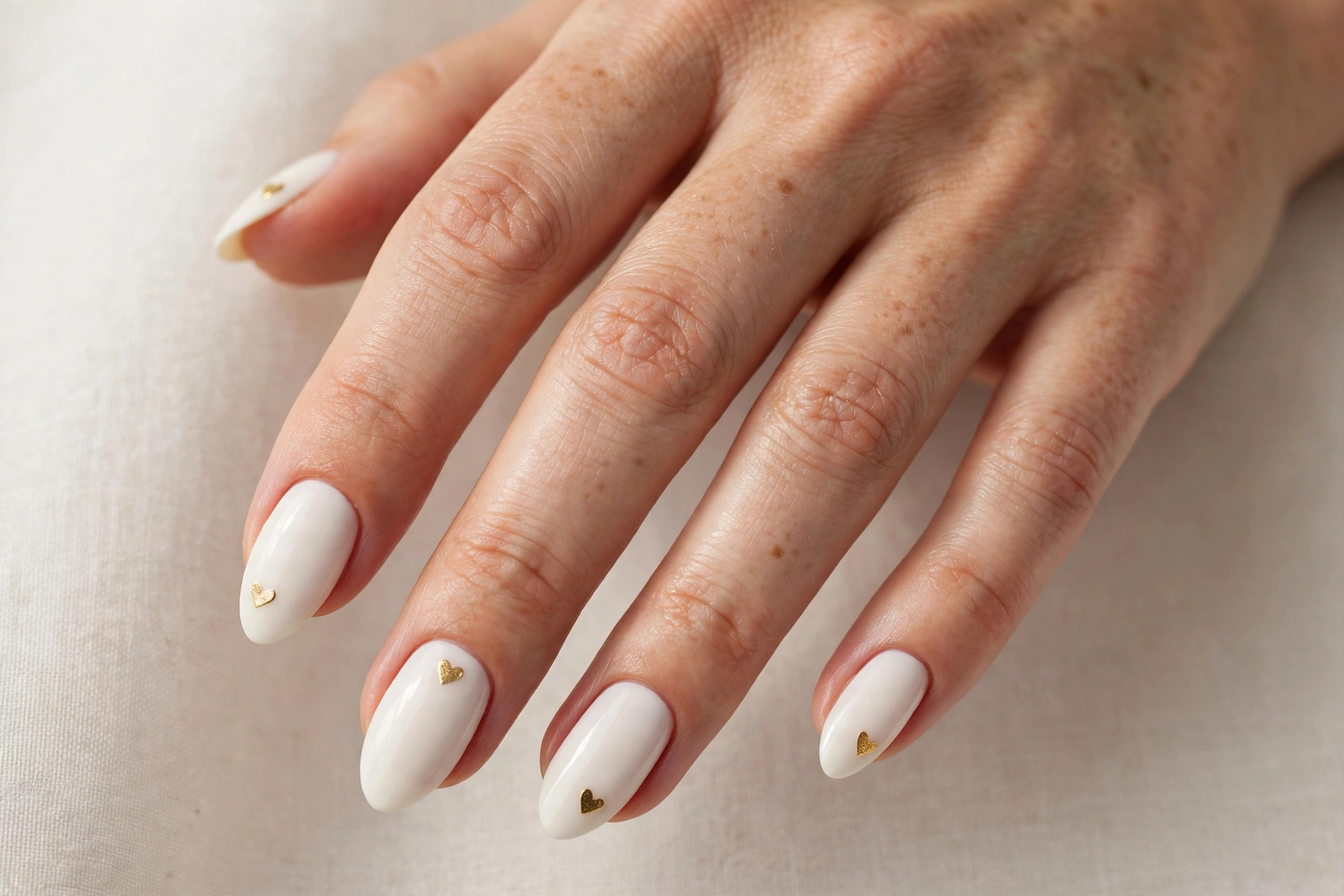 Close-up of creamy white nails with small gold heart nail art accents