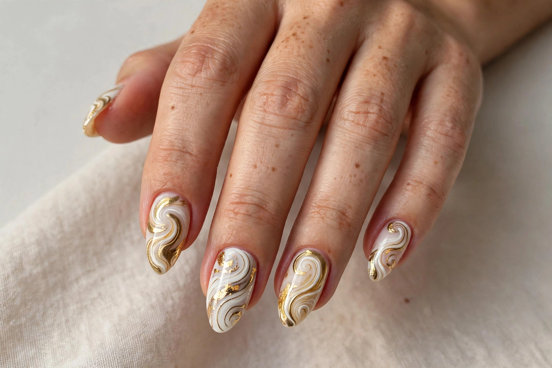 Close-up of white and gold swirl nail art
