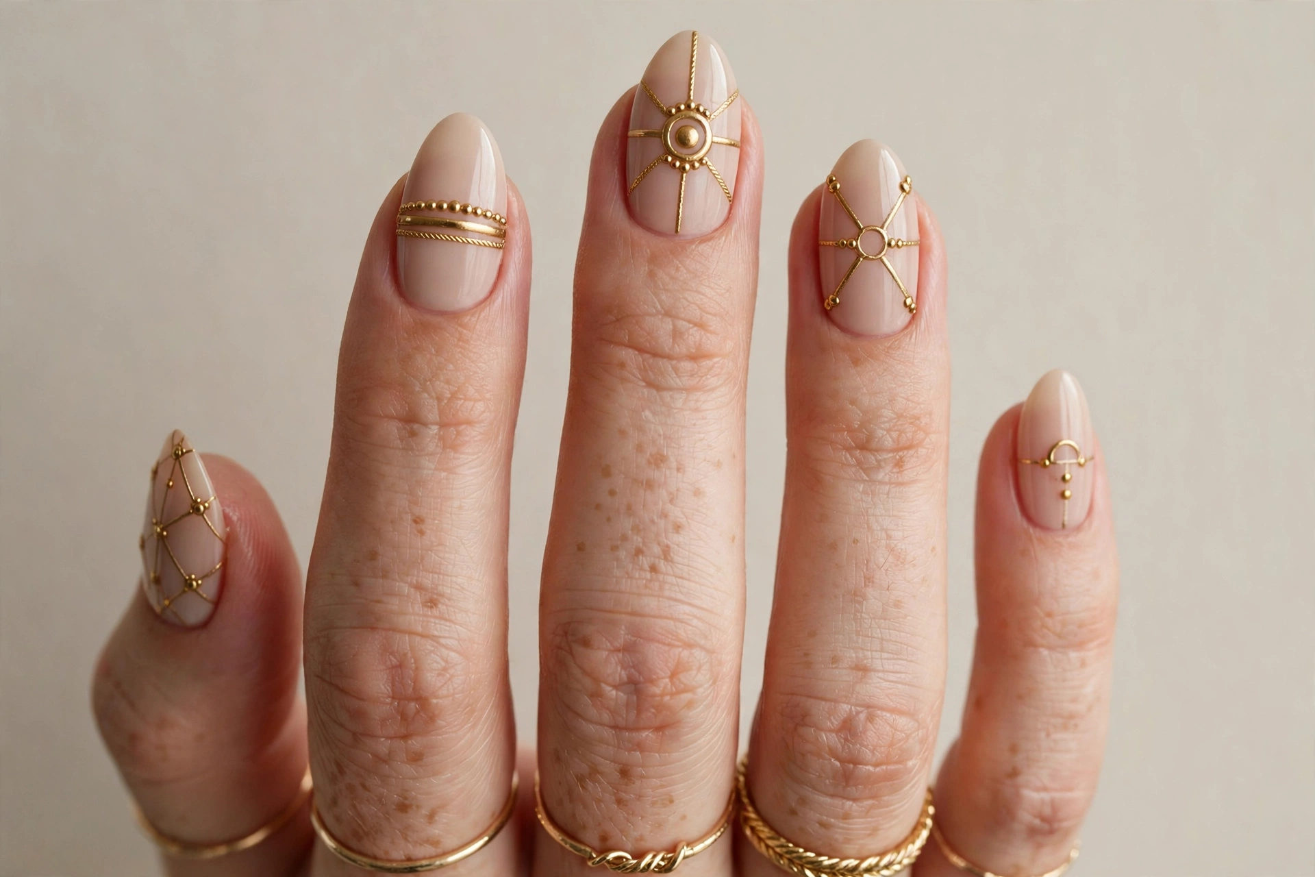 Close-up of nude nails with jewelry inspired gold band nail art