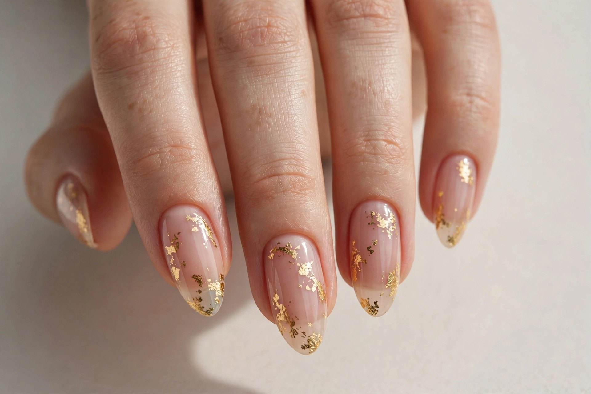 Gold foil flakes scattered on a sheer nude manicure