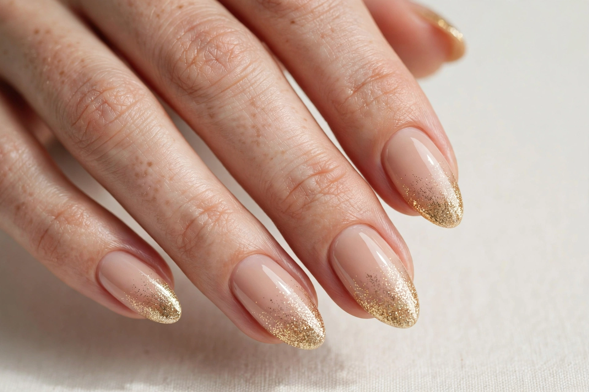 Gold glitter ombre fading over the tips of nude nails