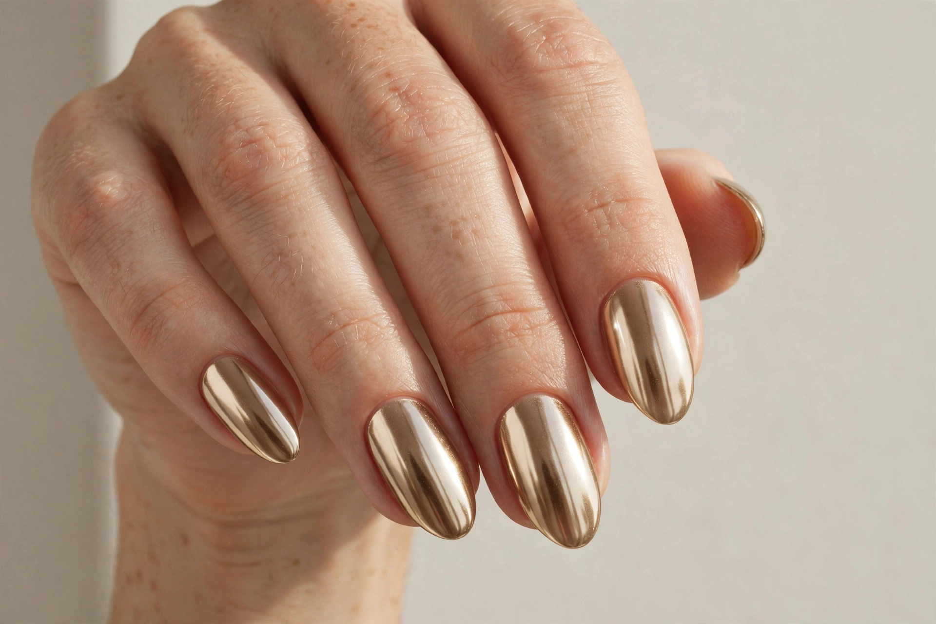Champagne gold mirror chrome nails with a mirror finish