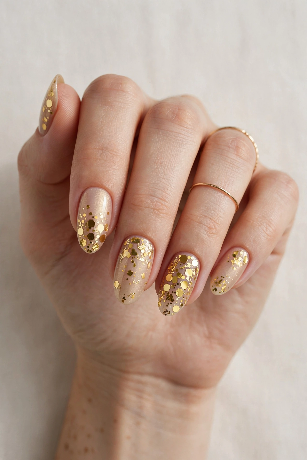 Gold confetti pieces on champagne colored party nails