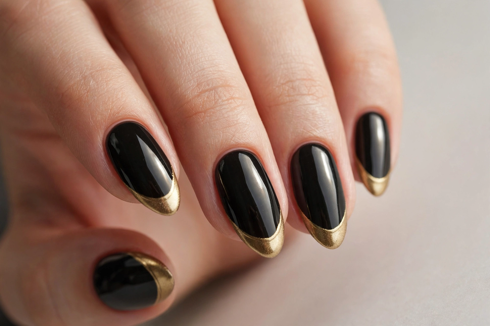 Metallic gold French tips on glossy black nails