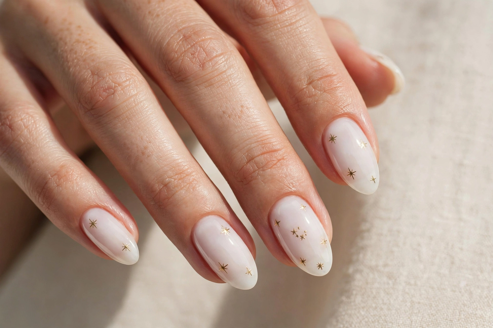 Tiny gold star accents on milky white nails
