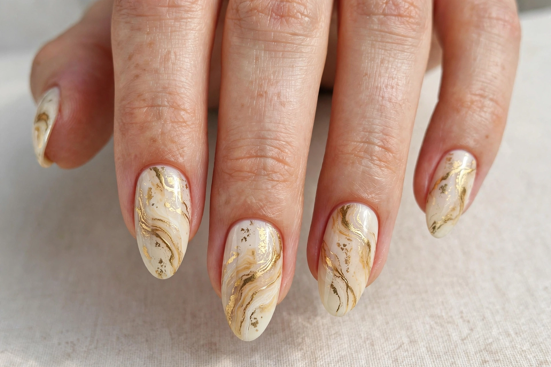 Gold marble swirl art on an ivory nail base