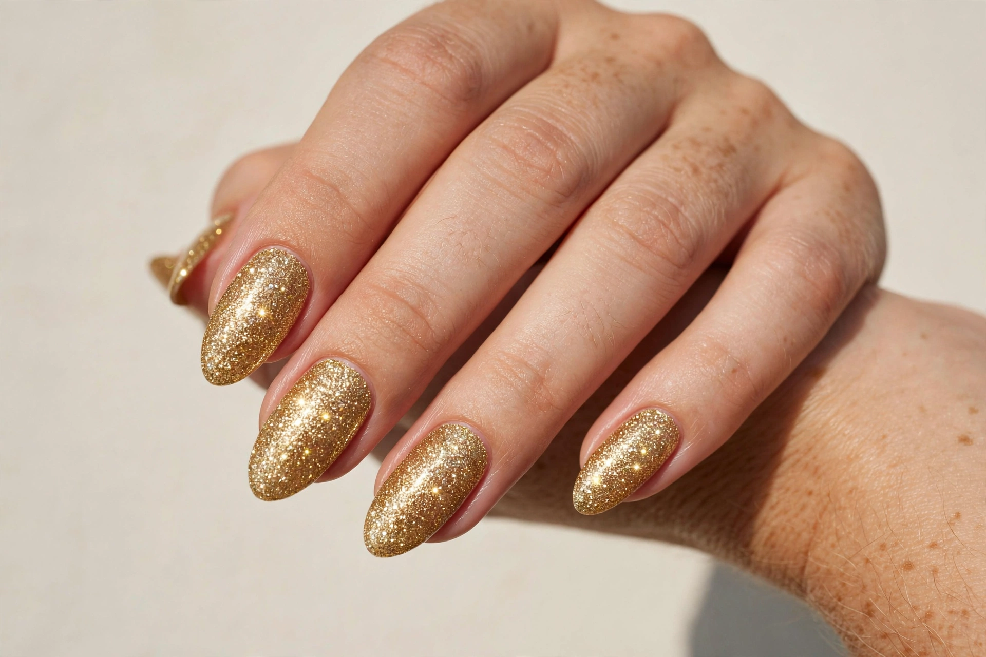 Full coverage gold glitter sparkle manicure