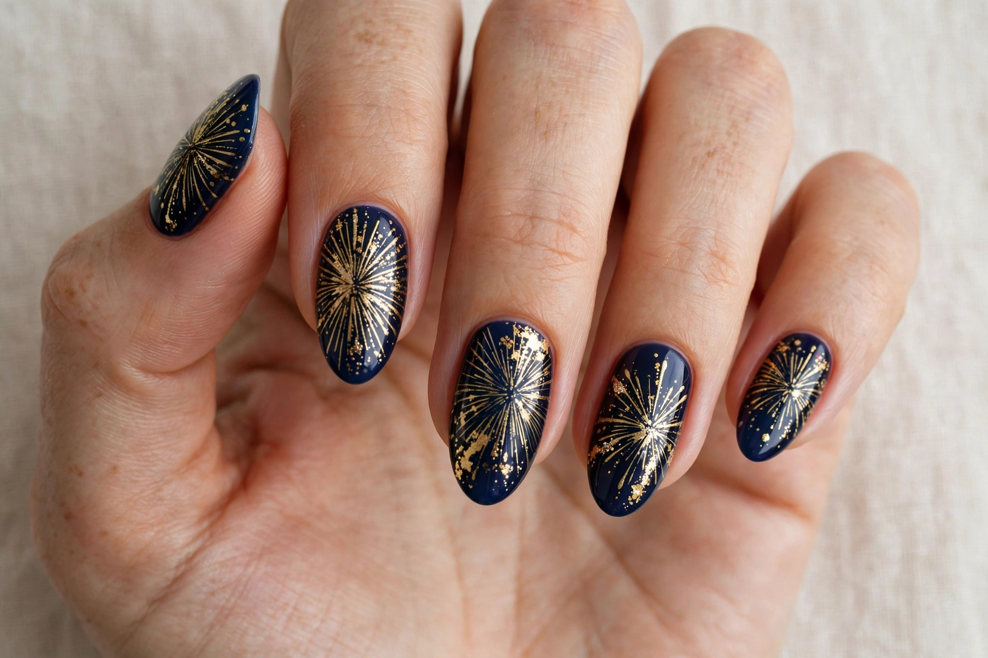 Gold fireworks nail art bursting on midnight blue nails