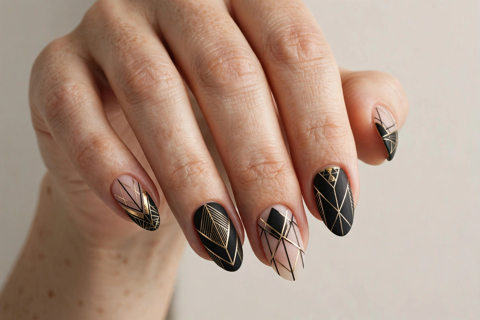 Modern gold and black geometric line nail art