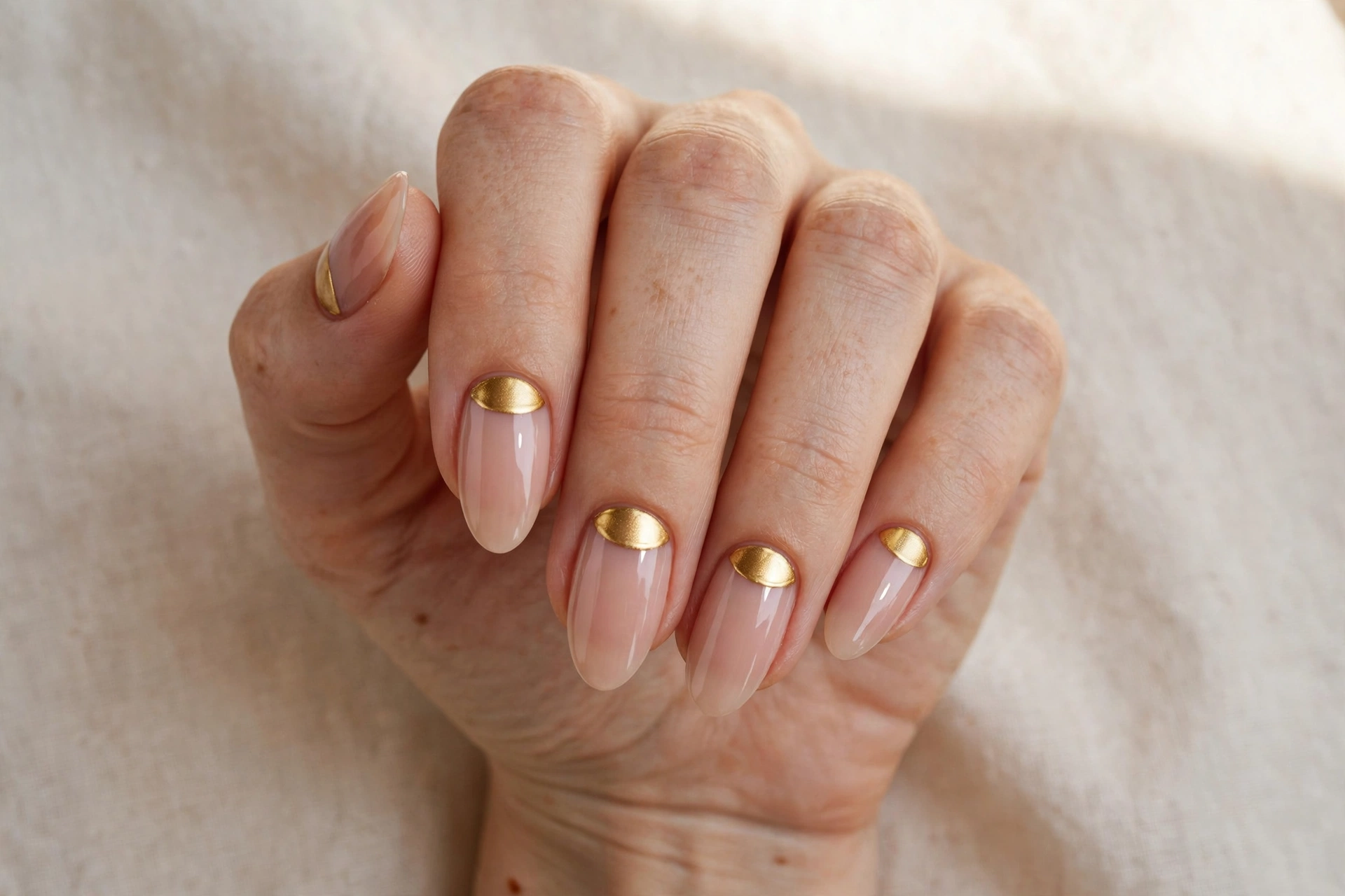 Gold half moon nail art on a nude base