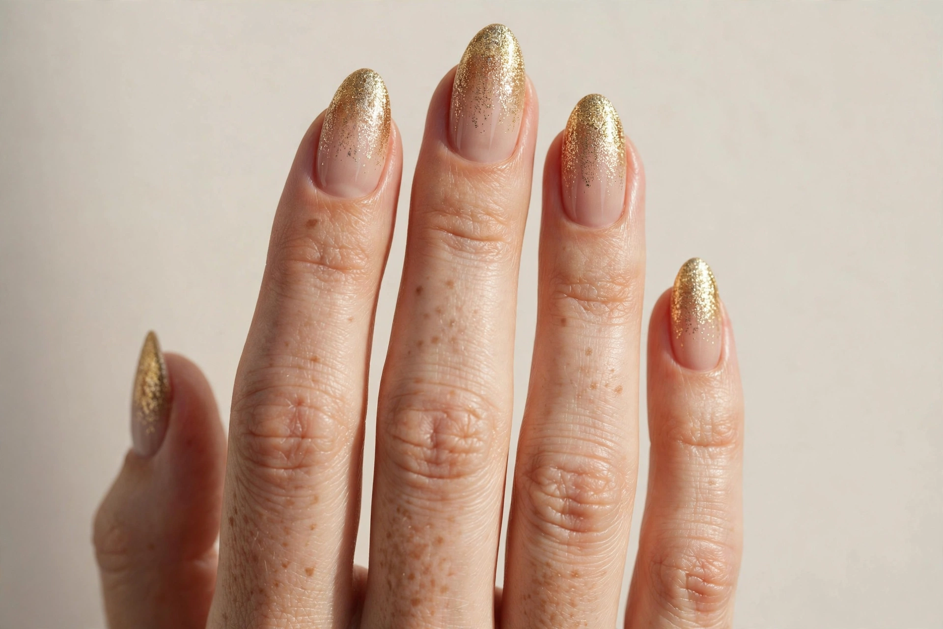 Gold glitter gradient fading across almond nails