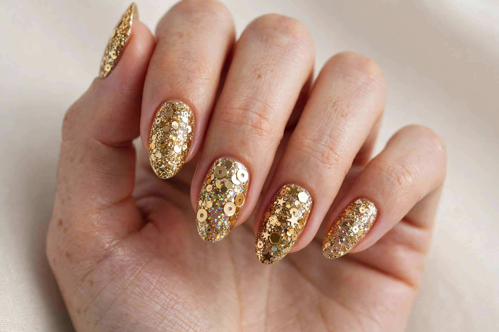 Gold sequin and glitter mix party manicure