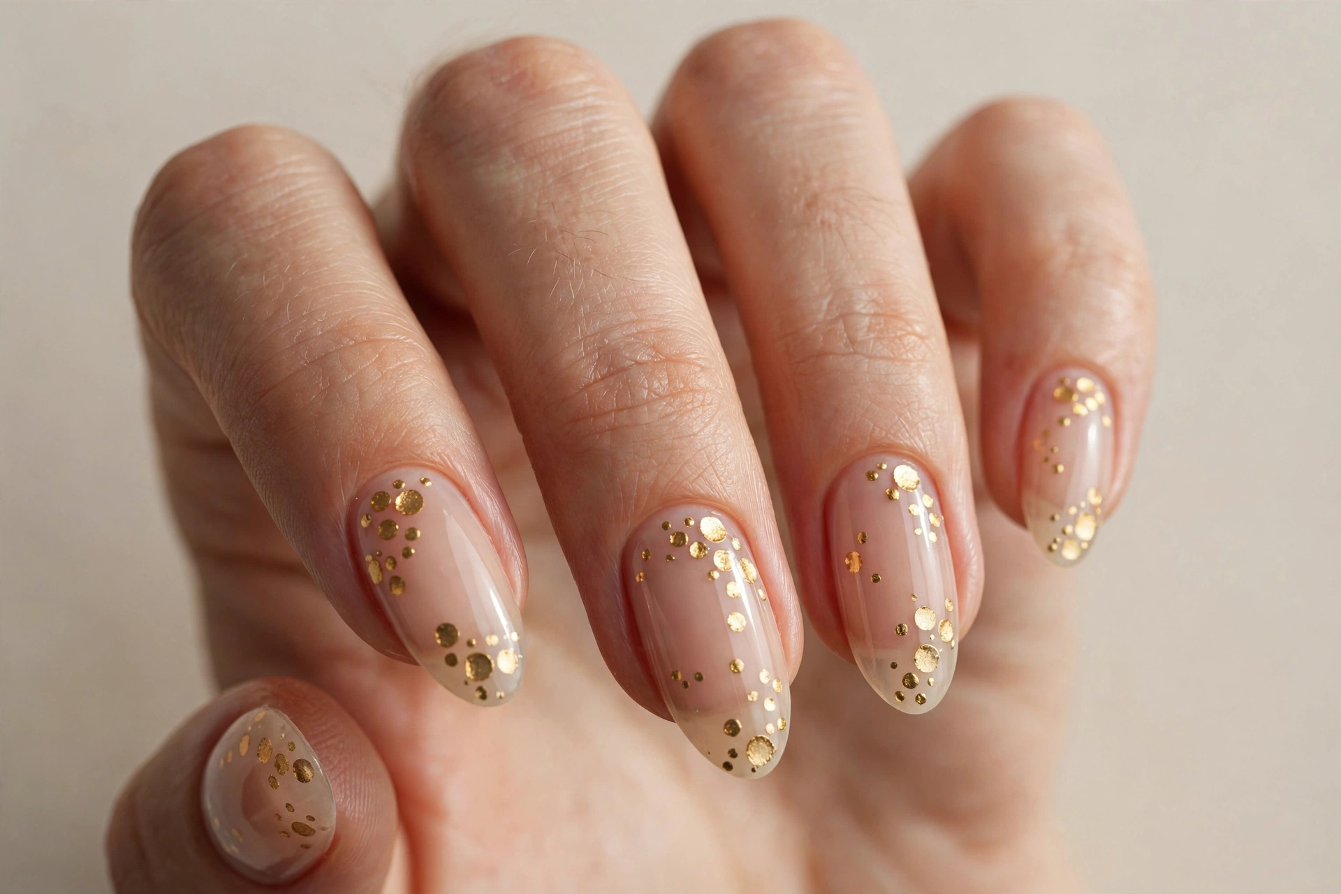 Gold champagne bubble dots on sheer beige nails