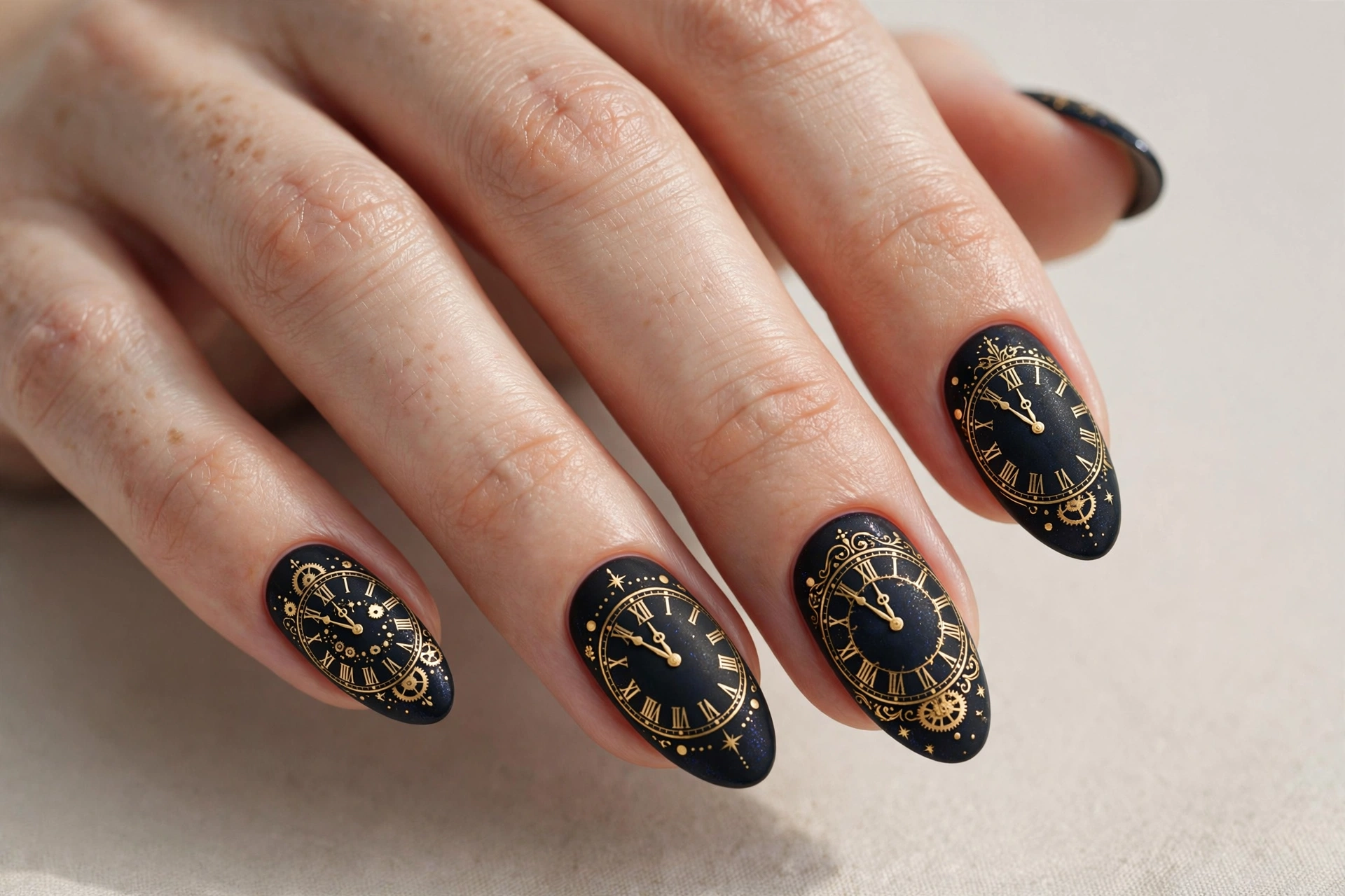 Gold clock face countdown nail art on dark nails
