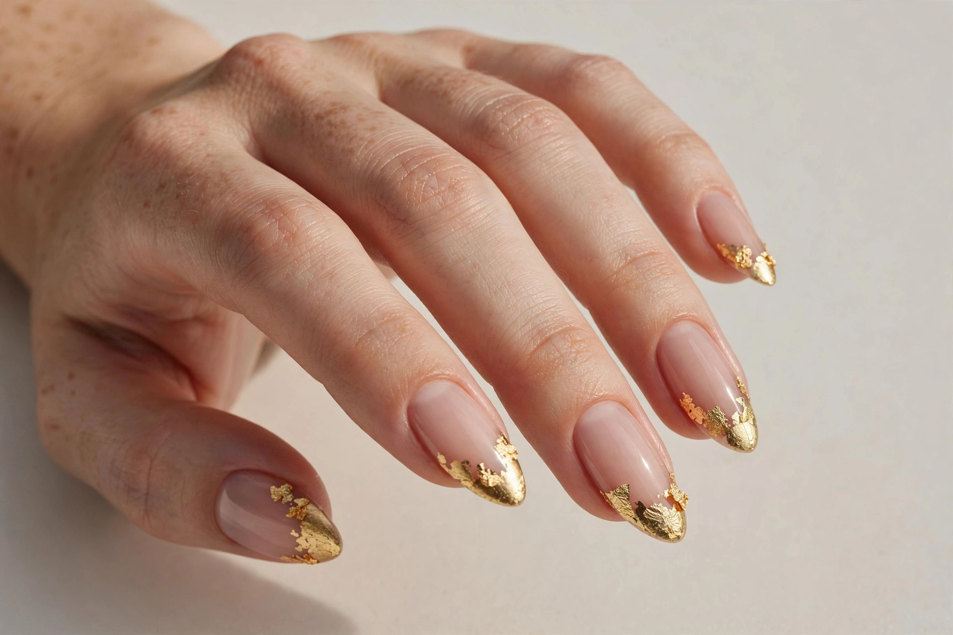 Gold leaf dipped tips on sheer nude nails