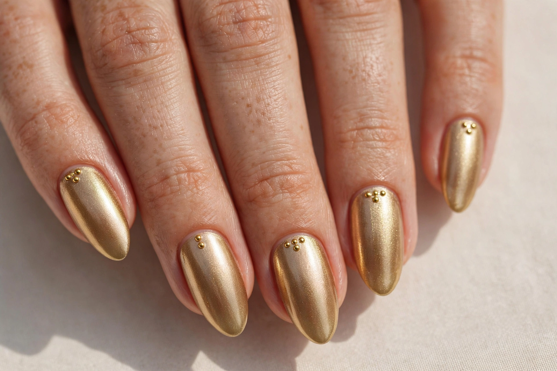 Tiny gold studs on a metallic gold manicure