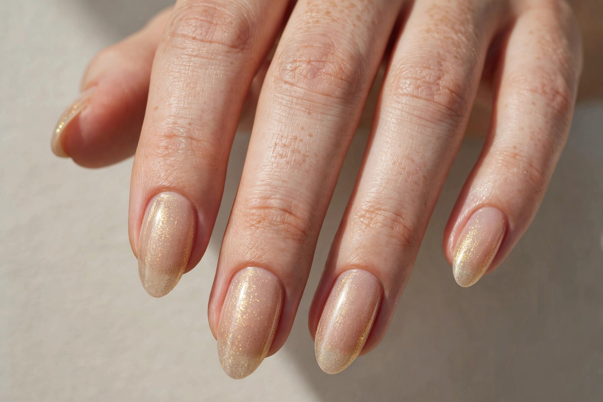 Sheer gold shimmer overlay on natural nude nails