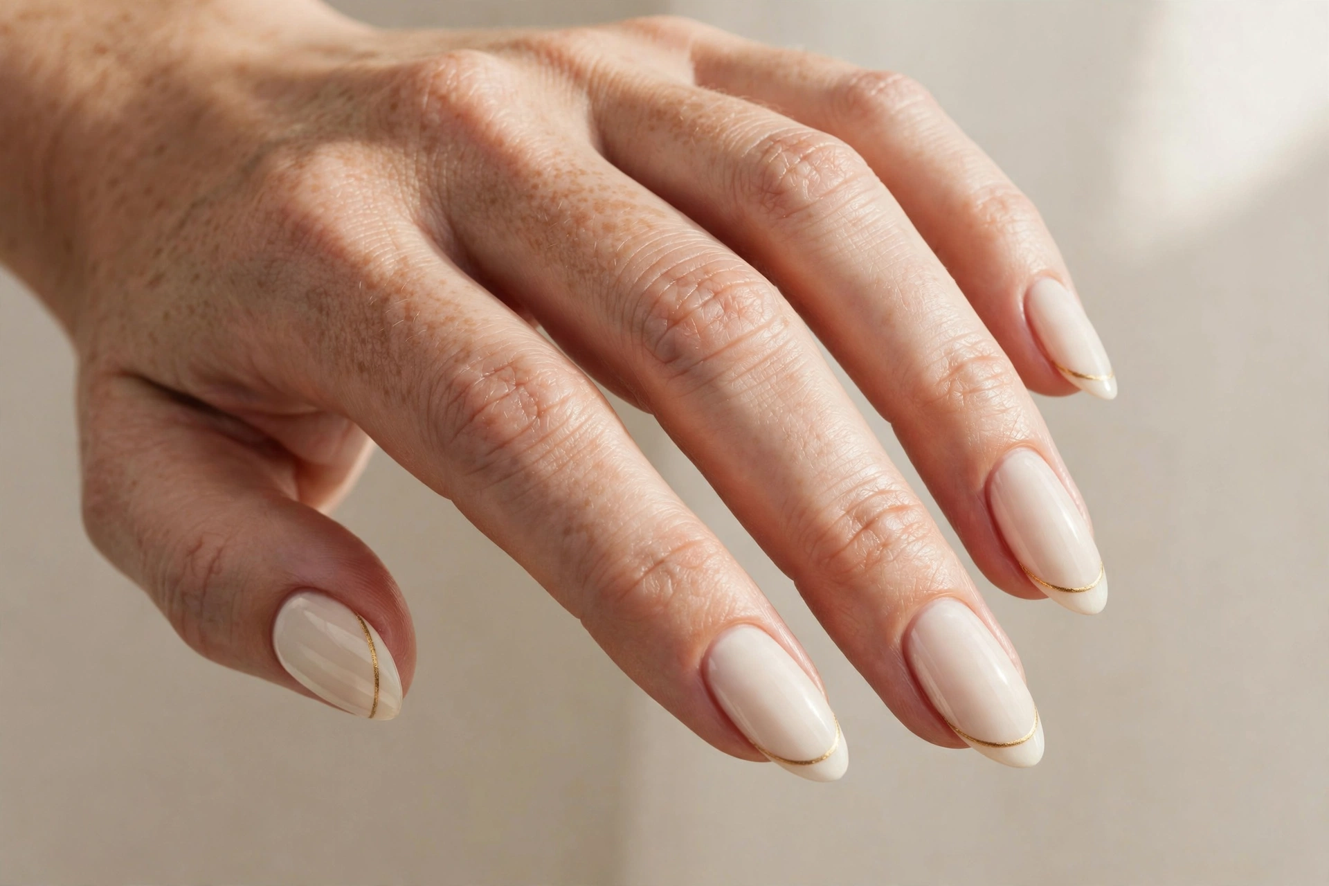 Elegant thin gold French tips on ivory nails