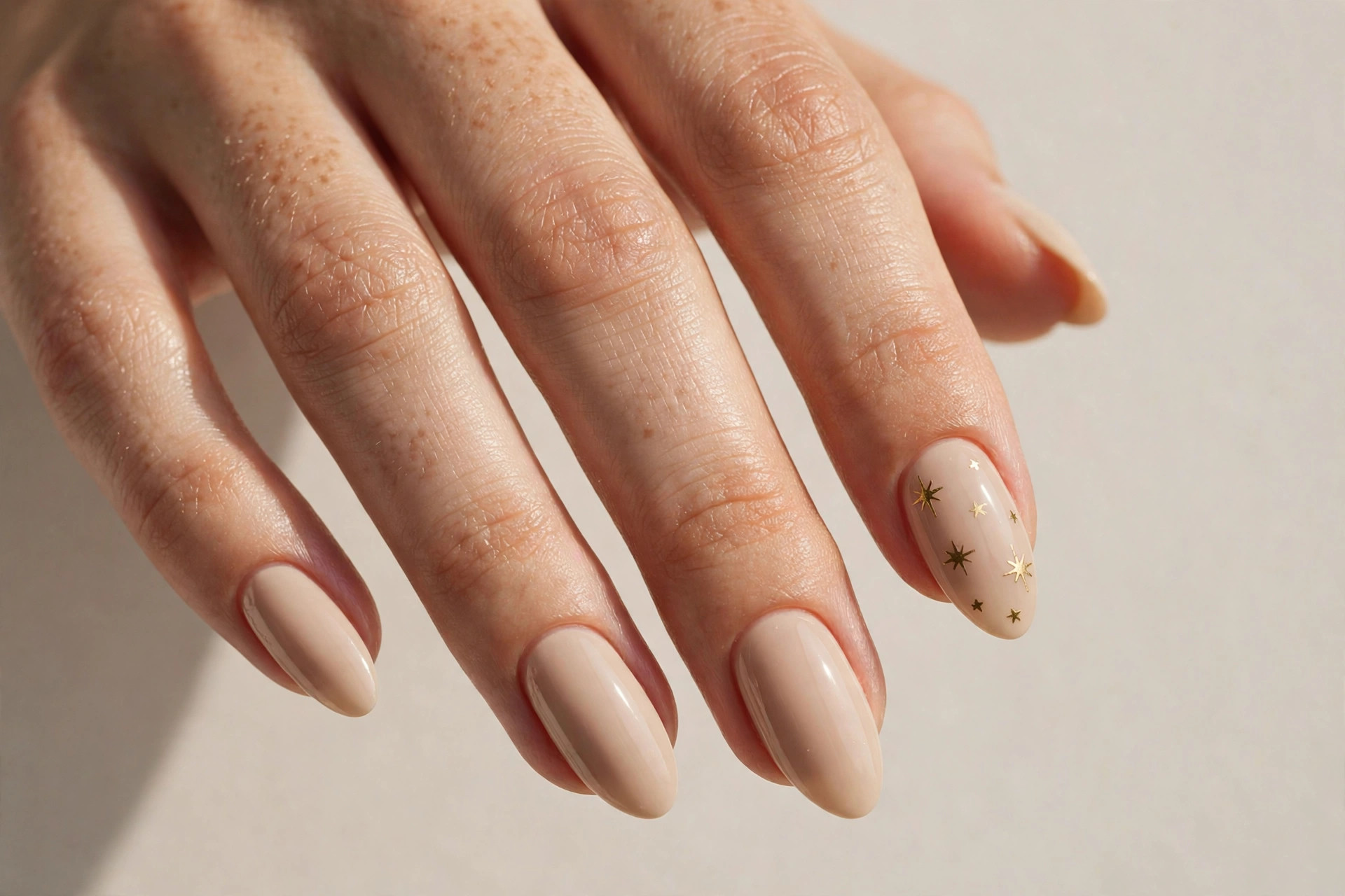 Beige nude almond nails with tiny gold star decals on accent nails