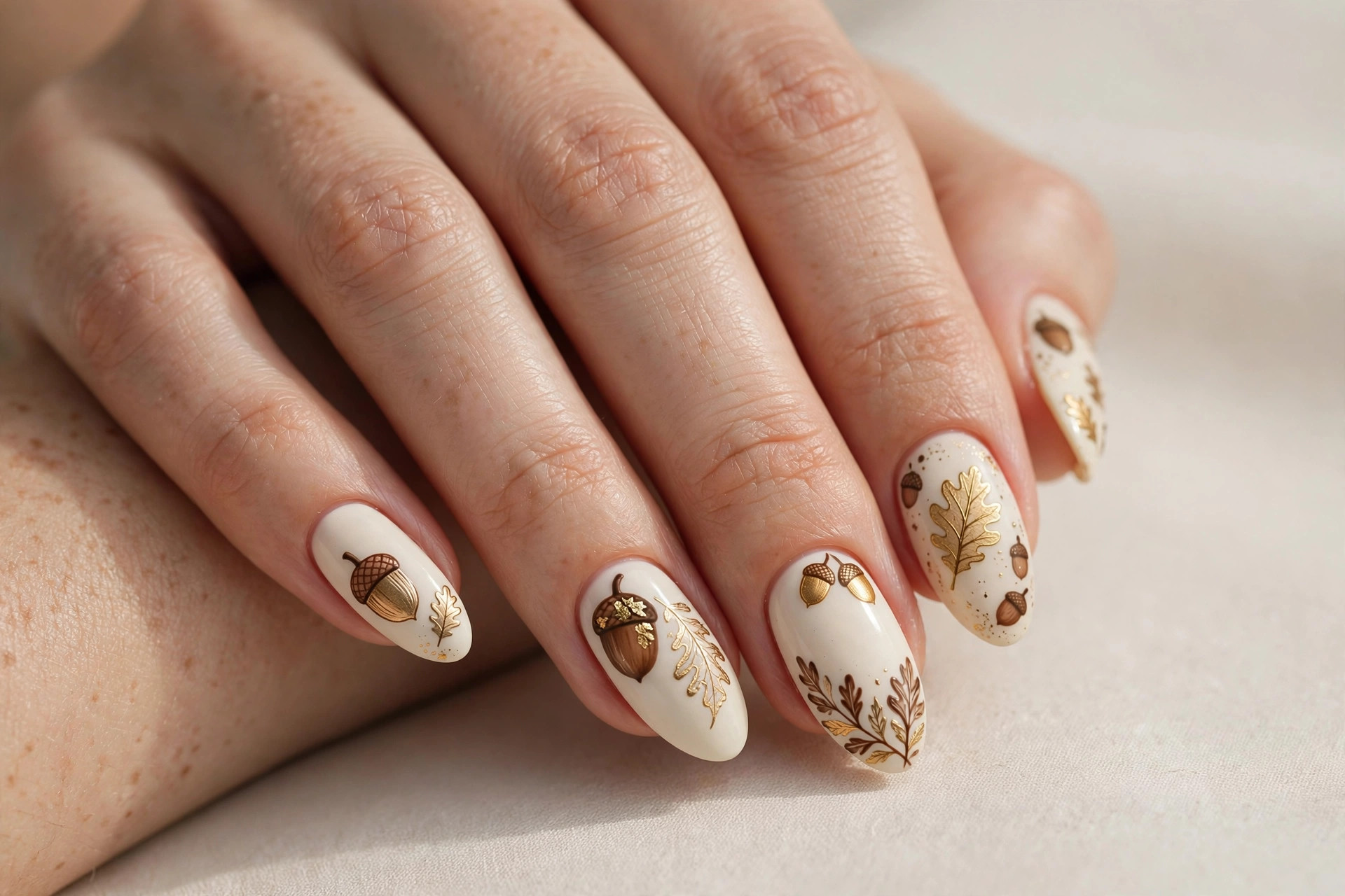 Cream nails with golden acorn and oak leaf nail art