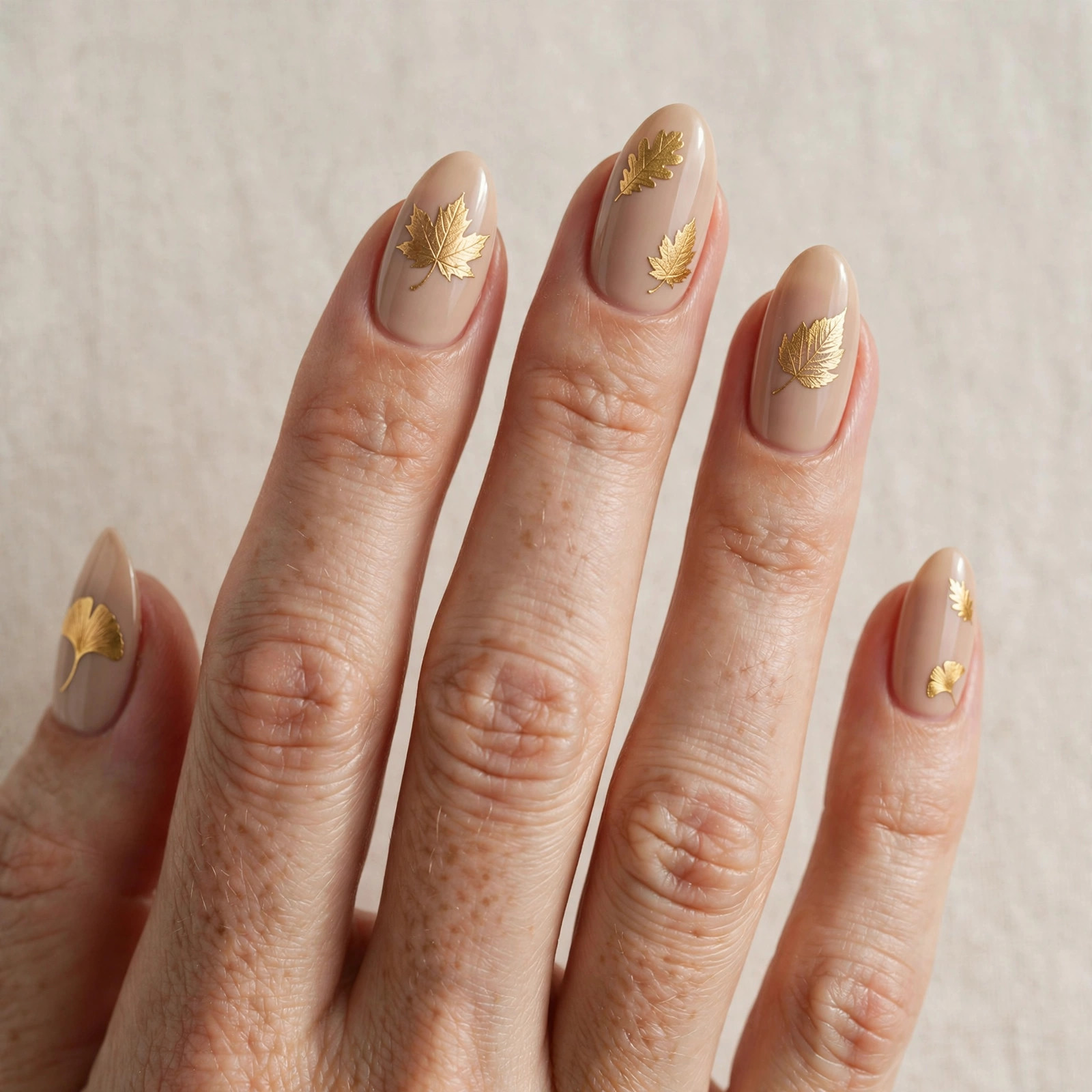 Nude manicure with golden autumn leaf nail art accents