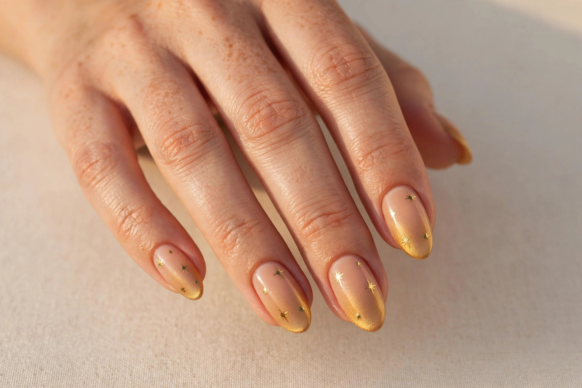 Close-up of a woman's hand with golden hour ombre manicure with tiny gold stars nail art on almond shaped nails