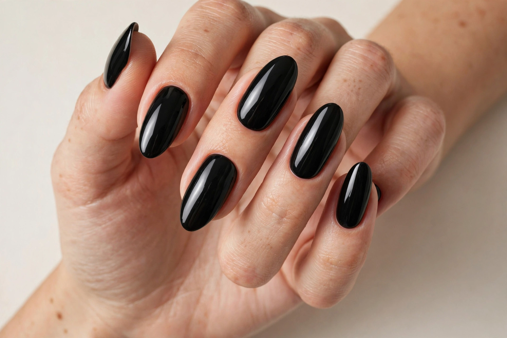 Glossy jet black solid manicure on almond shaped nails