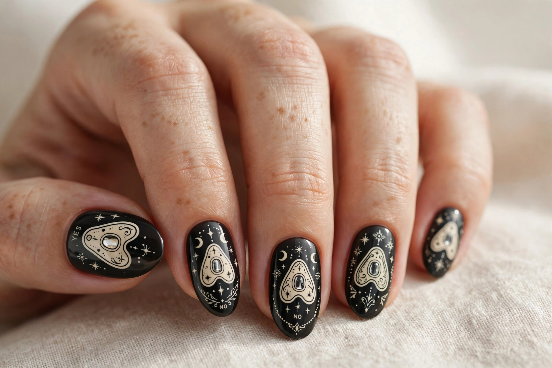 Cream ouija board planchette nail art on dark black nails