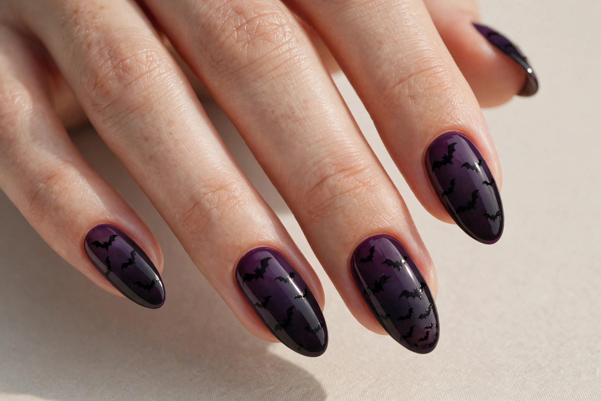 Small black bat silhouettes on deep purple-black gradient nails