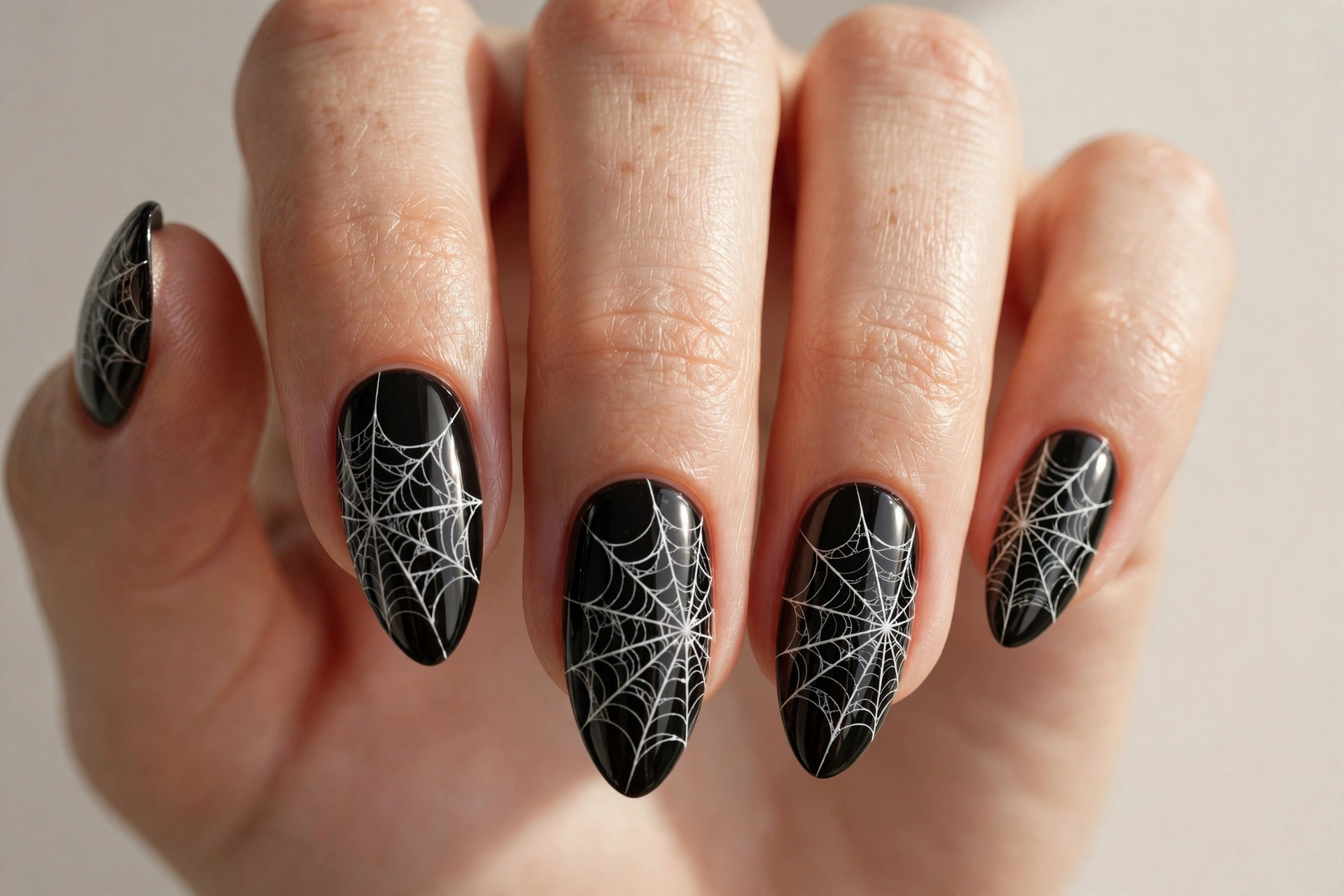 Delicate white spiderweb lace lines on glossy black nails