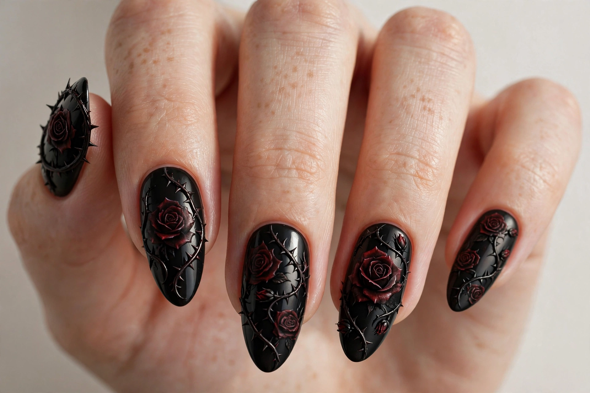 Dark red-black gothic roses with thorny vines on black nails