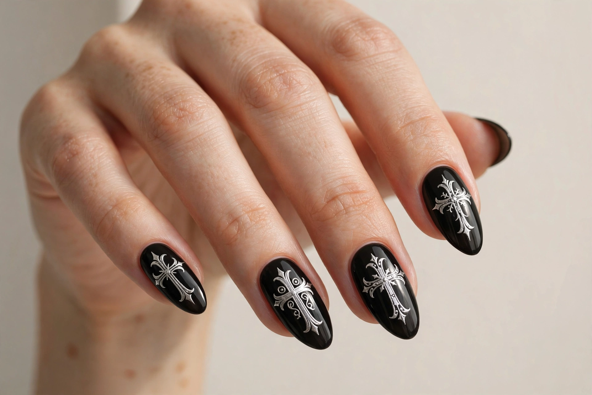 Ornate silver gothic crosses on black nails