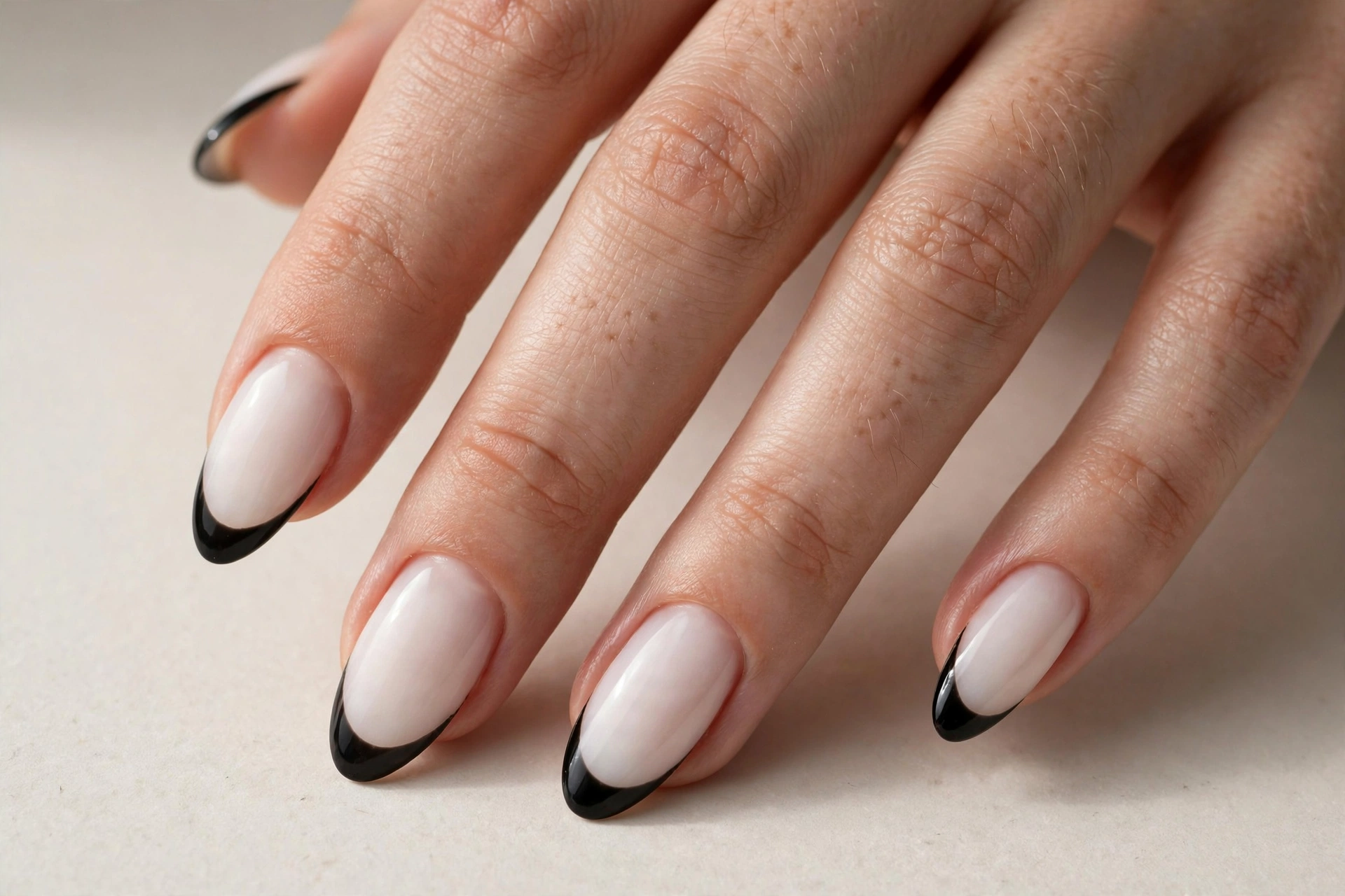 Crisp black french tips on milky white almond nails