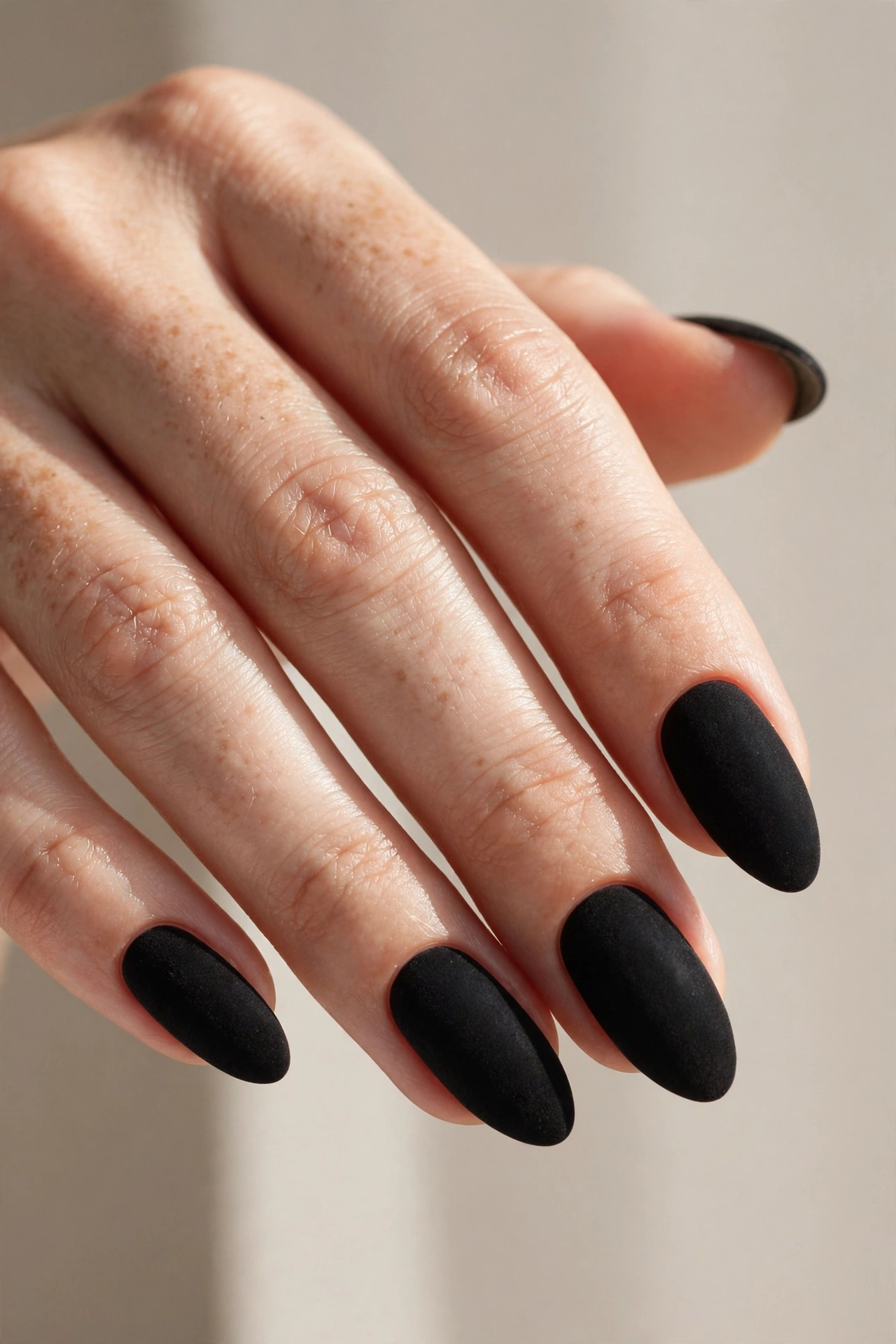 Matte black velvety manicure with non-shiny finish on almond nails