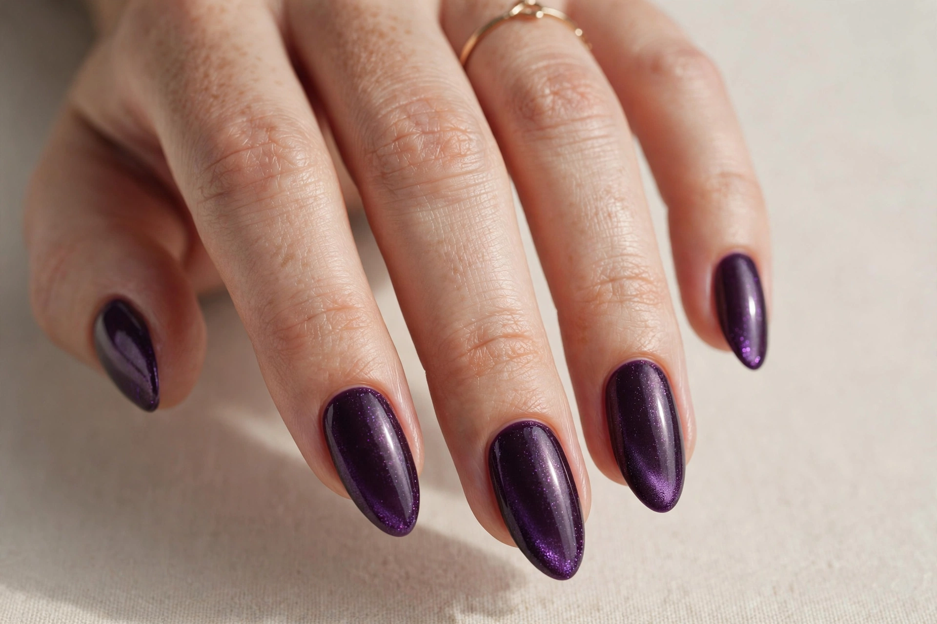 Deep purple plum gothic manicure with subtle shimmer on almond nails