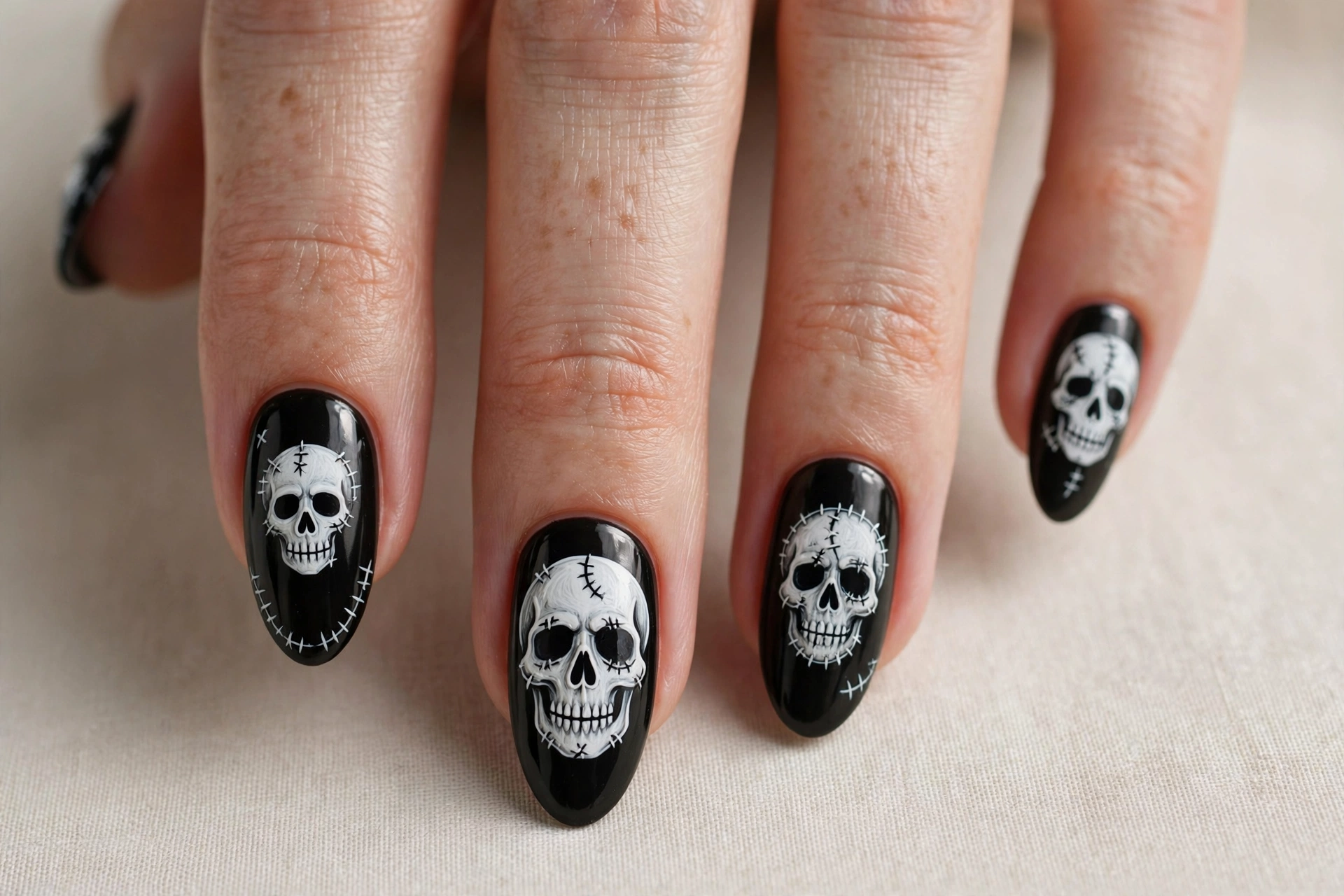 Hand-painted white skull art with stitched details on black nails