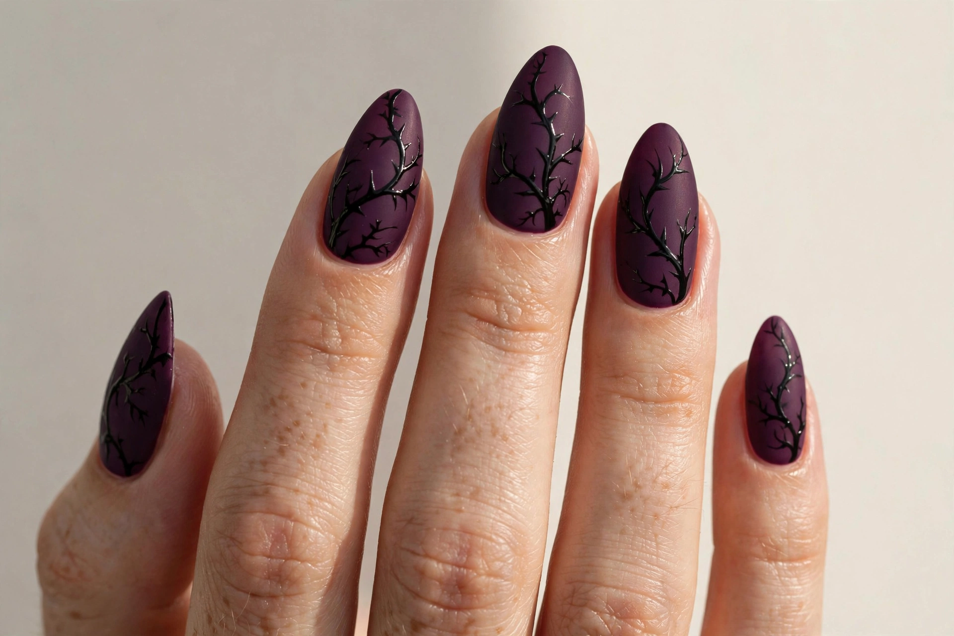 Black thorny vine silhouettes painted on deep plum nails