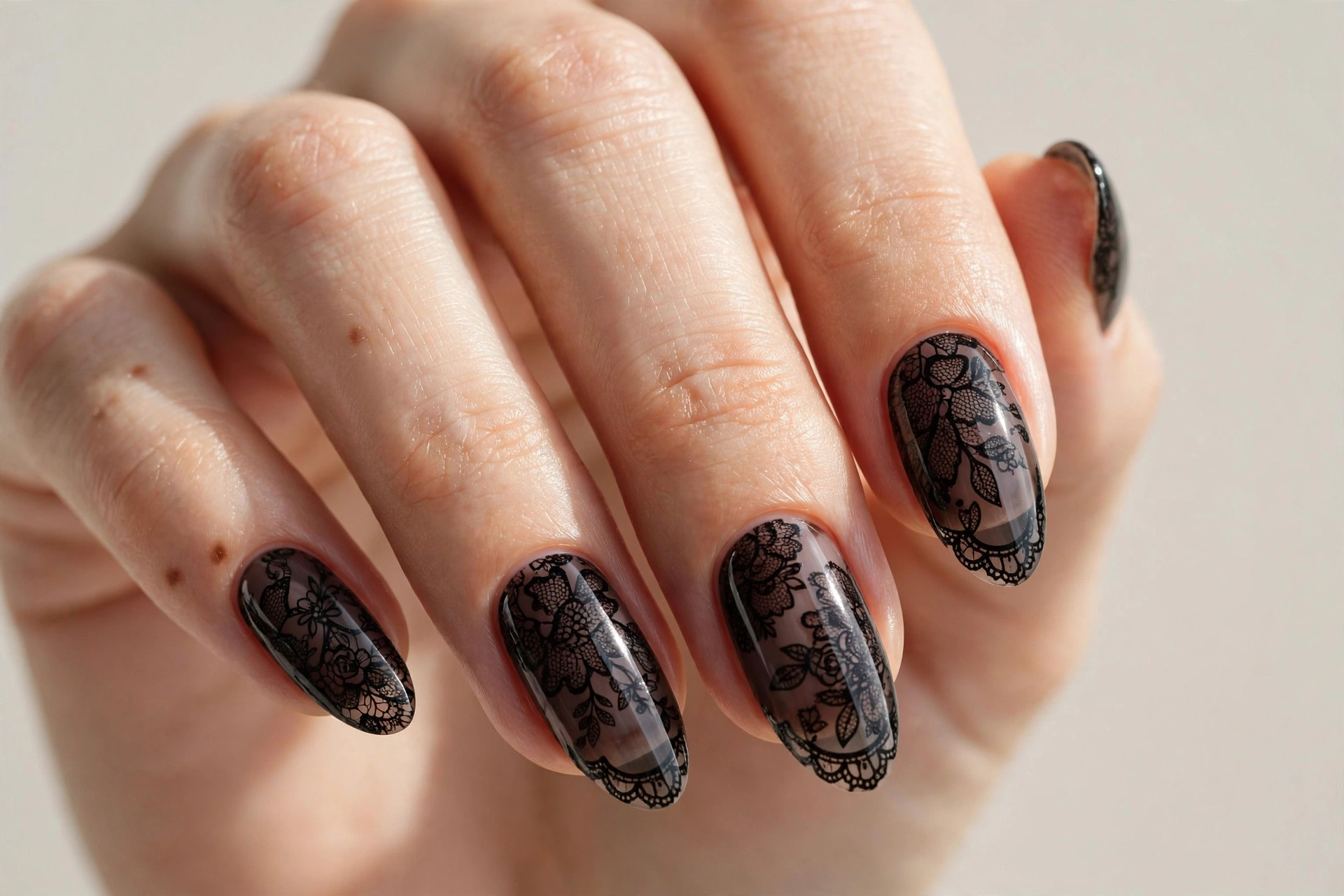 Intricate black lace floral patterns on sheer dark nails