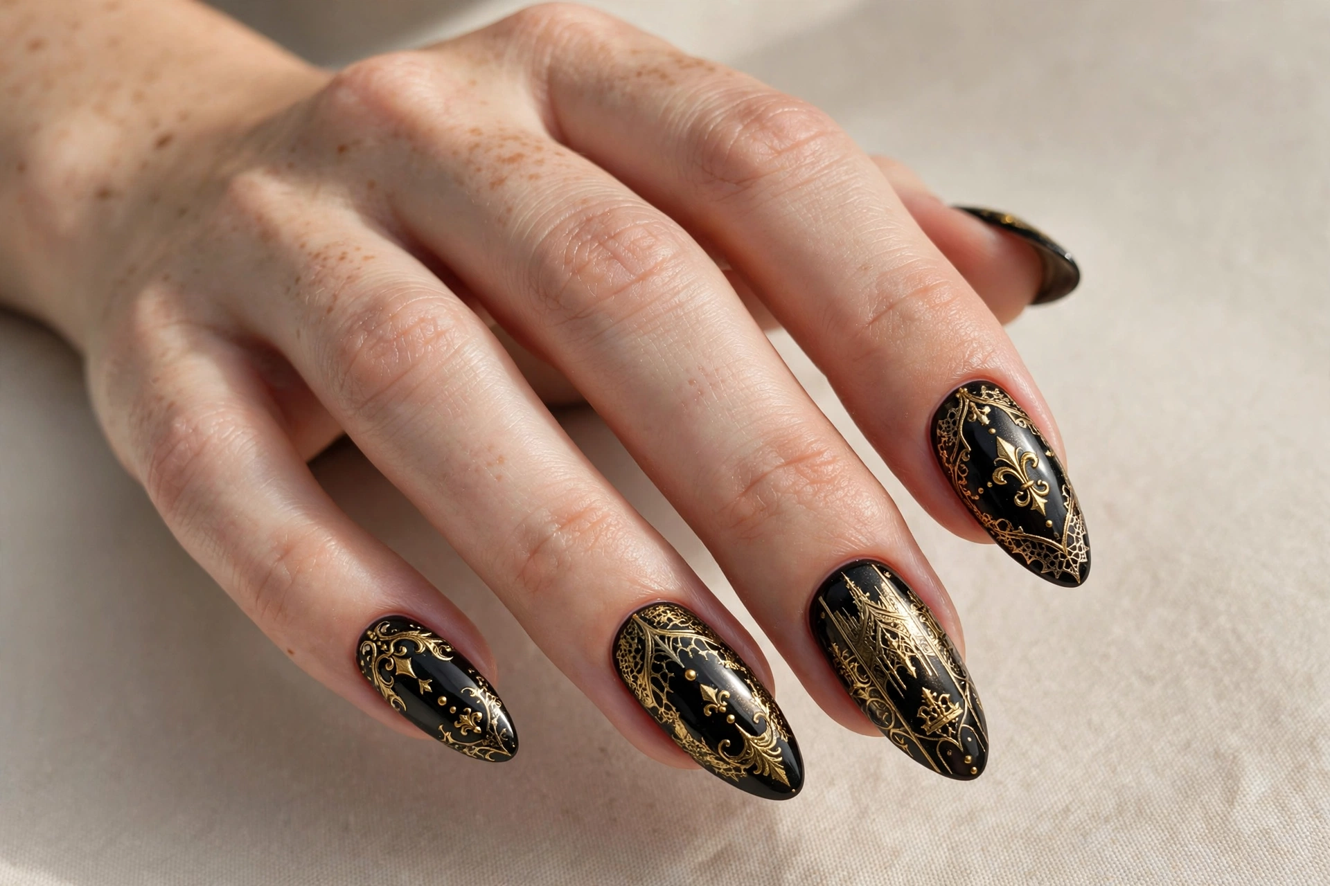 Black nails with ornate metallic gold gothic details and patterns