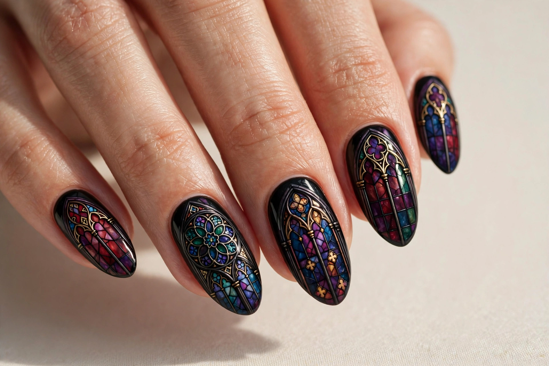Gothic cathedral window inspired nail art in deep colors on black nails