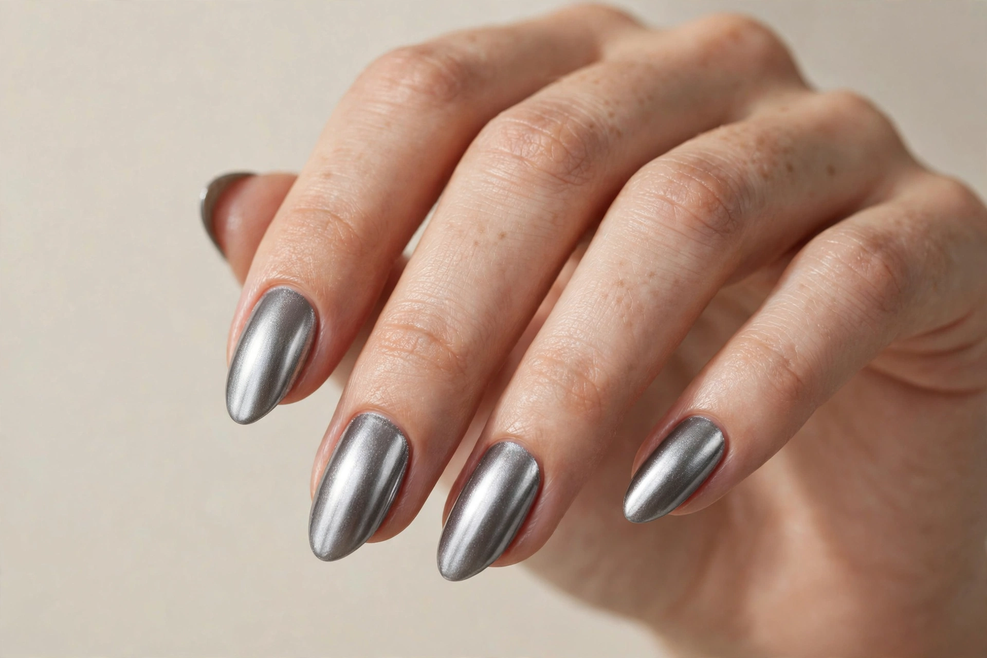 Metallic silver-gray chrome manicure on almond shaped nails