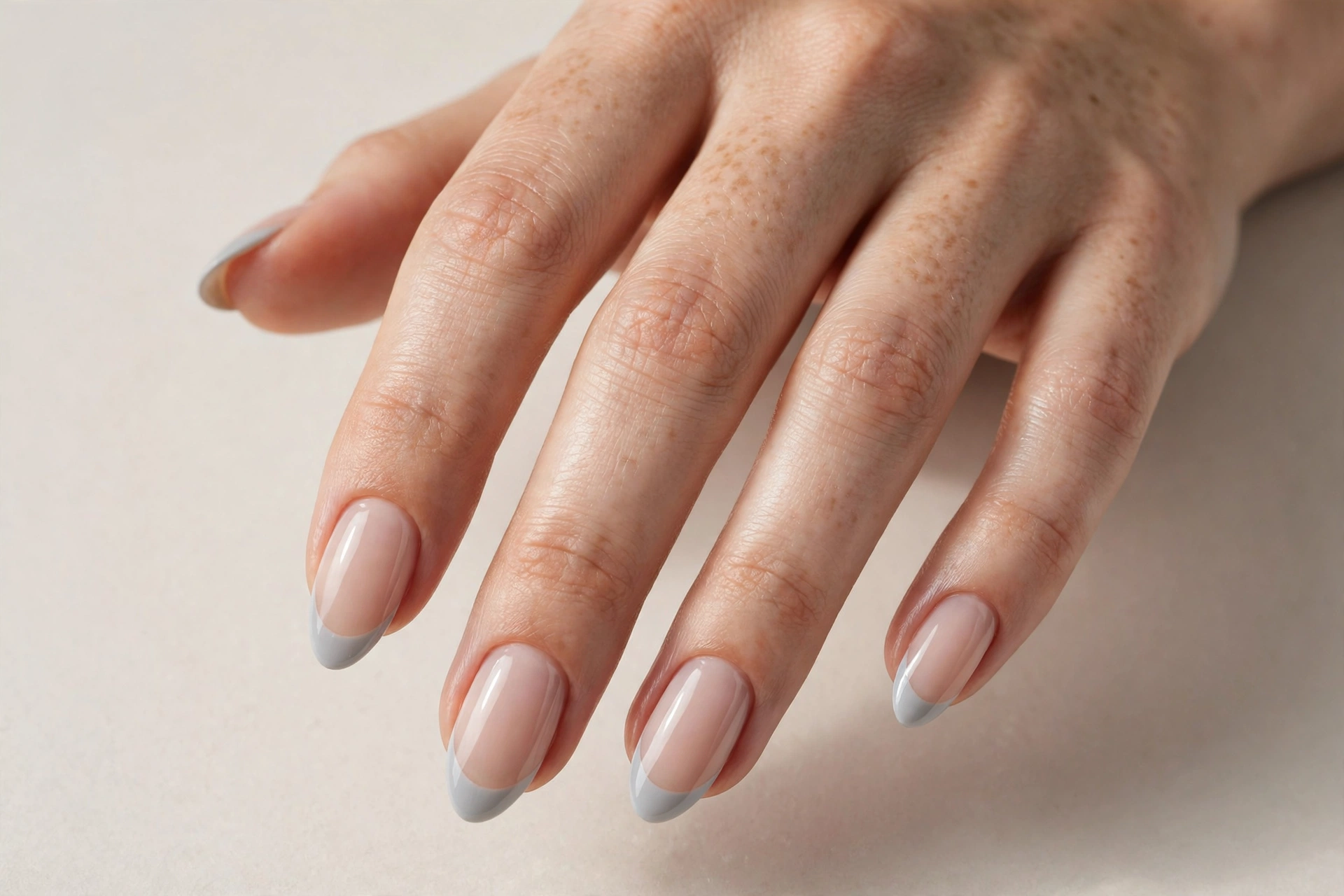Gray french tip manicure with nude base on almond shaped nails