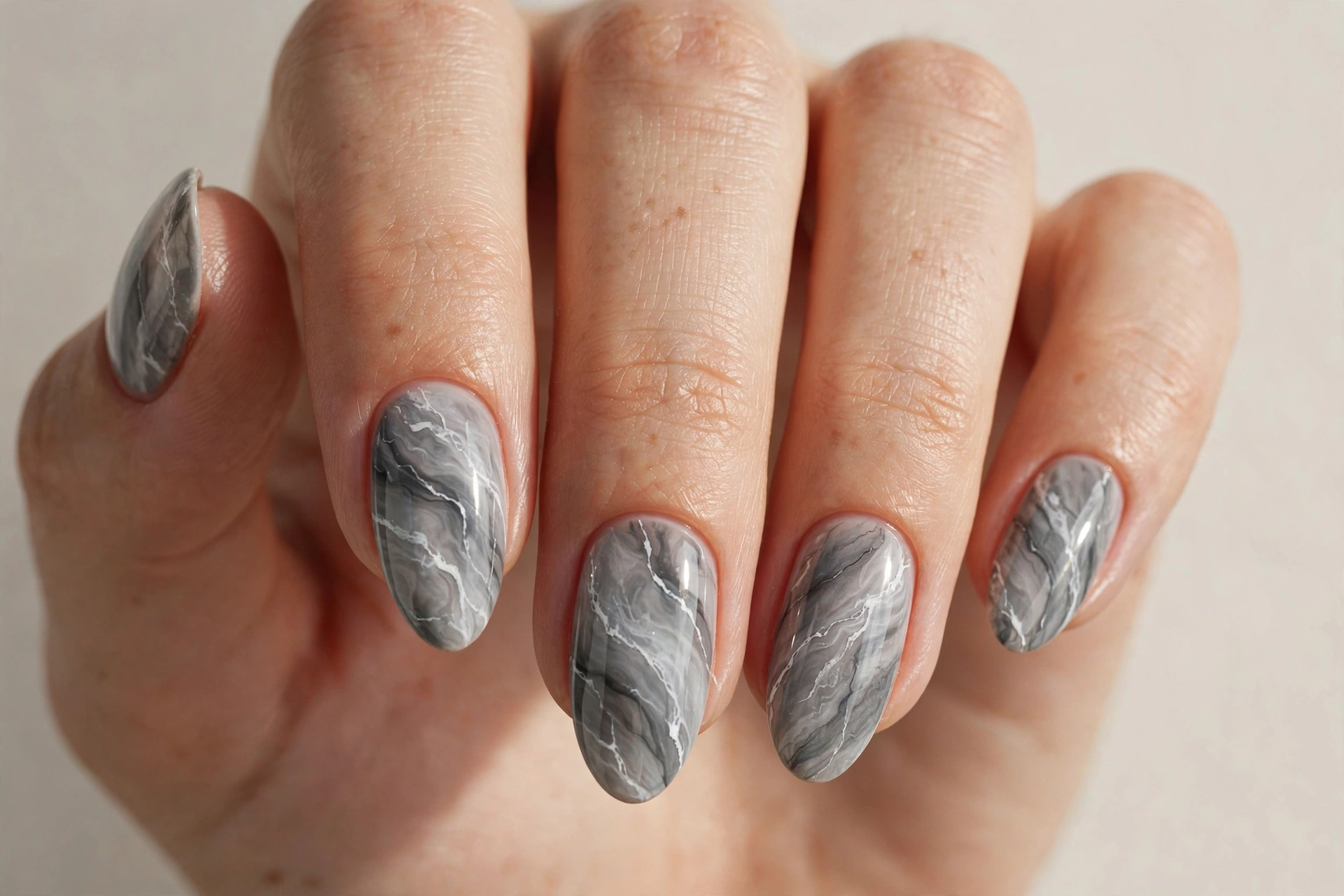 Gray marble swirl manicure with white veining on almond shaped nails