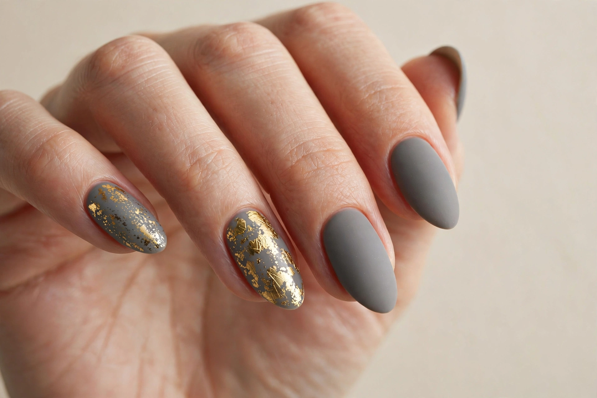 Gray manicure with gold foil accent nails on almond shaped nails