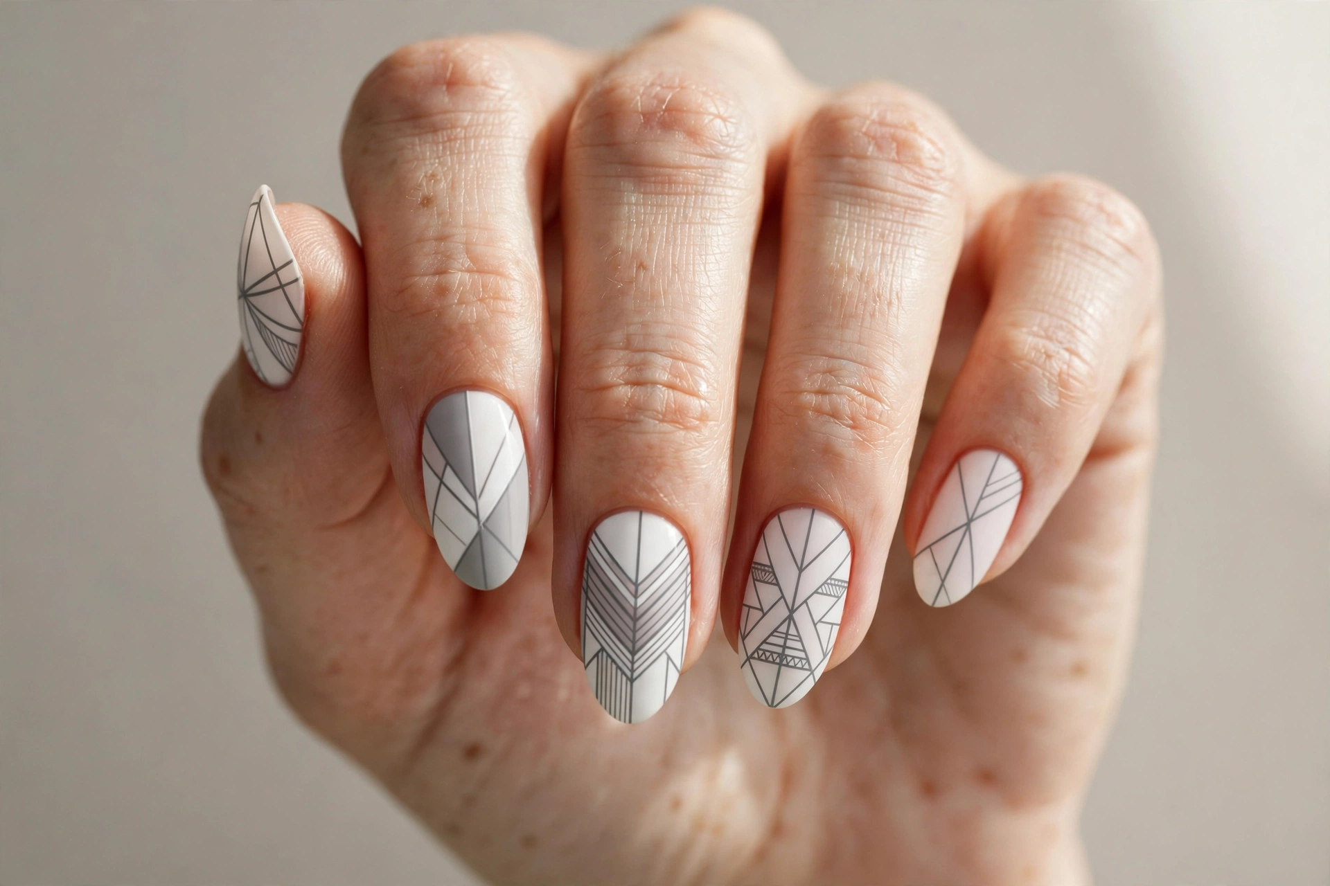 Gray manicure with geometric line nail art on almond shaped nails