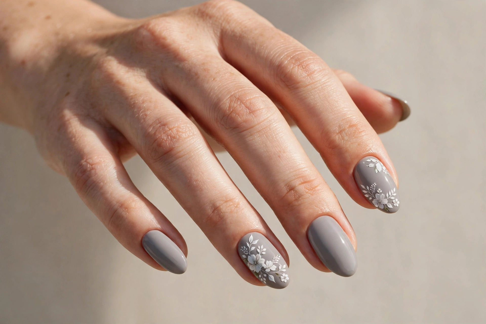 Gray manicure with delicate white floral art on almond shaped nails