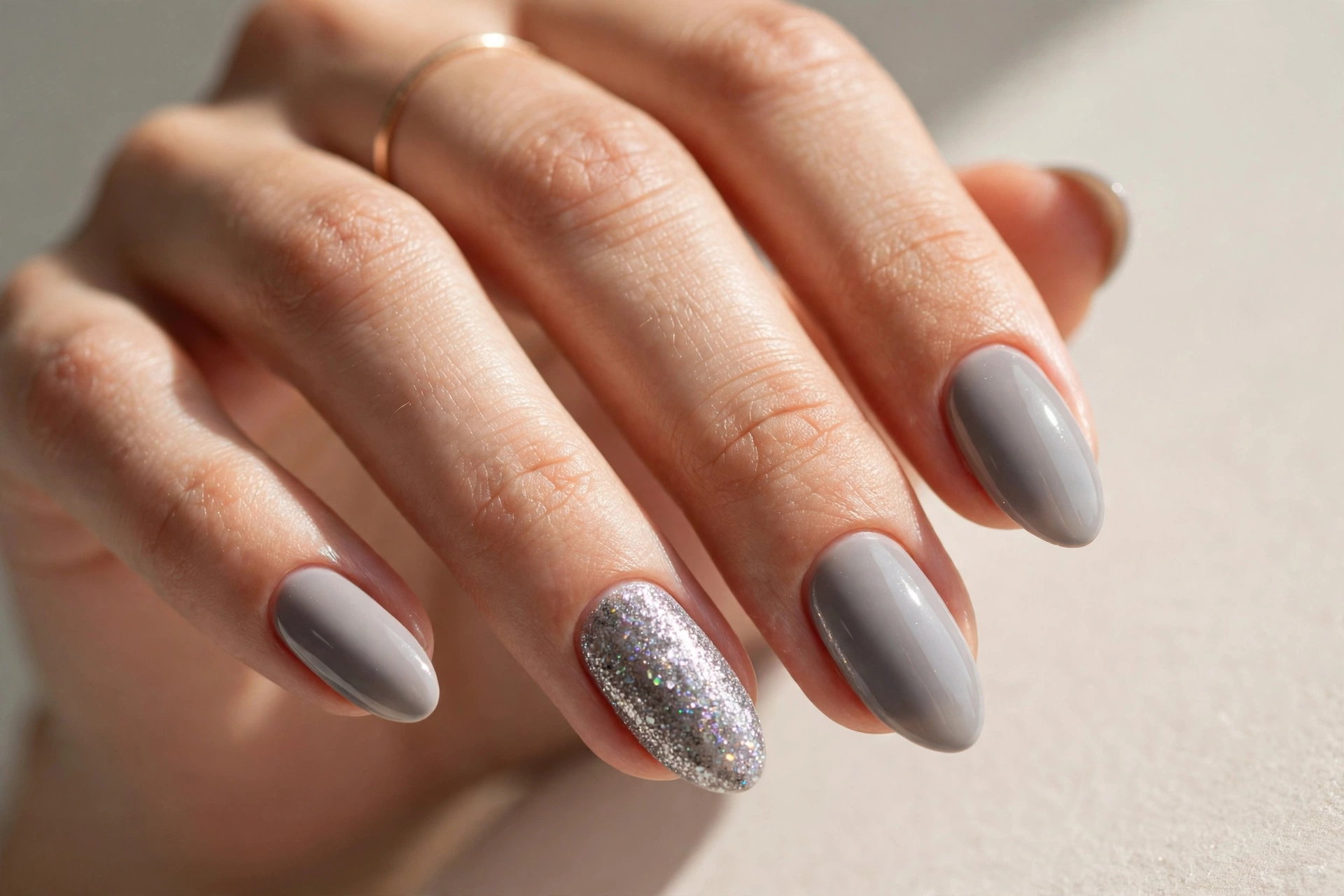 Soft gray manicure with shimmering glitter accent nails on almond shaped nails