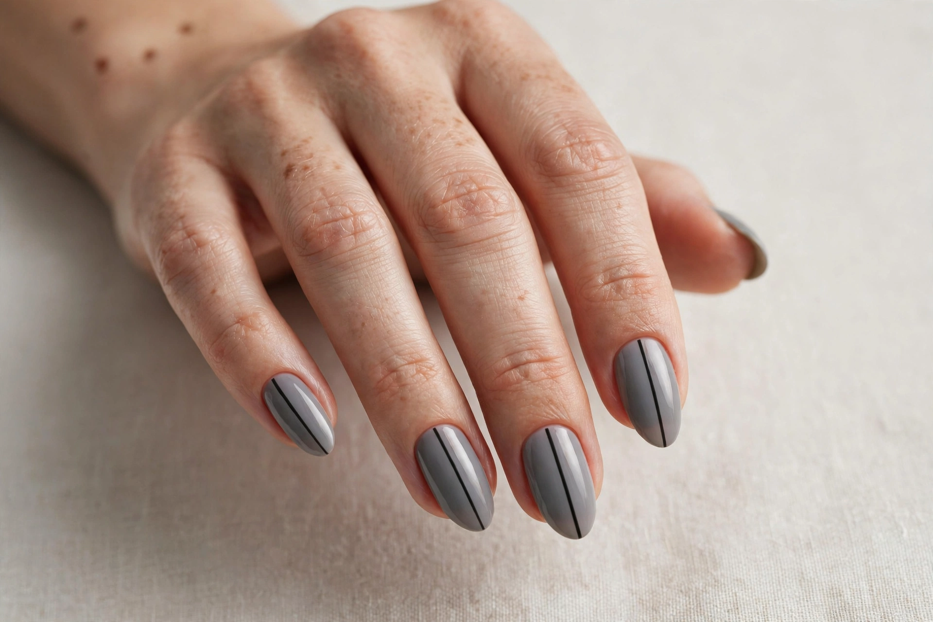 Gray manicure with minimalist thin stripe nail art on almond shaped nails